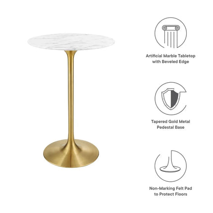 Modway EEI-3264-GLD-WHI Lippa 28" Round Faux Marble Bar Table Gold White Modway
