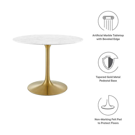 Modway EEI-3231-GLD-WHI Lippa 40" Round Faux Marble Dining Table Gold White Modway
