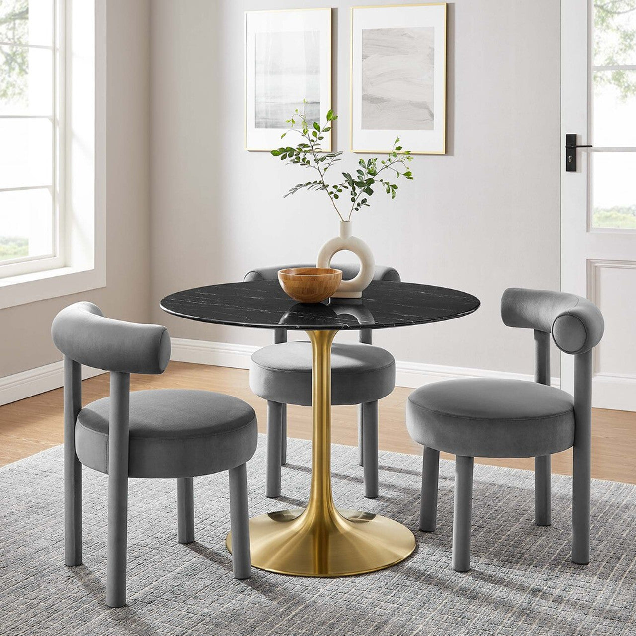 Modway EEI-5238-GLD-BLK Lippa 40" Round Faux Marble Dining Table Gold Black