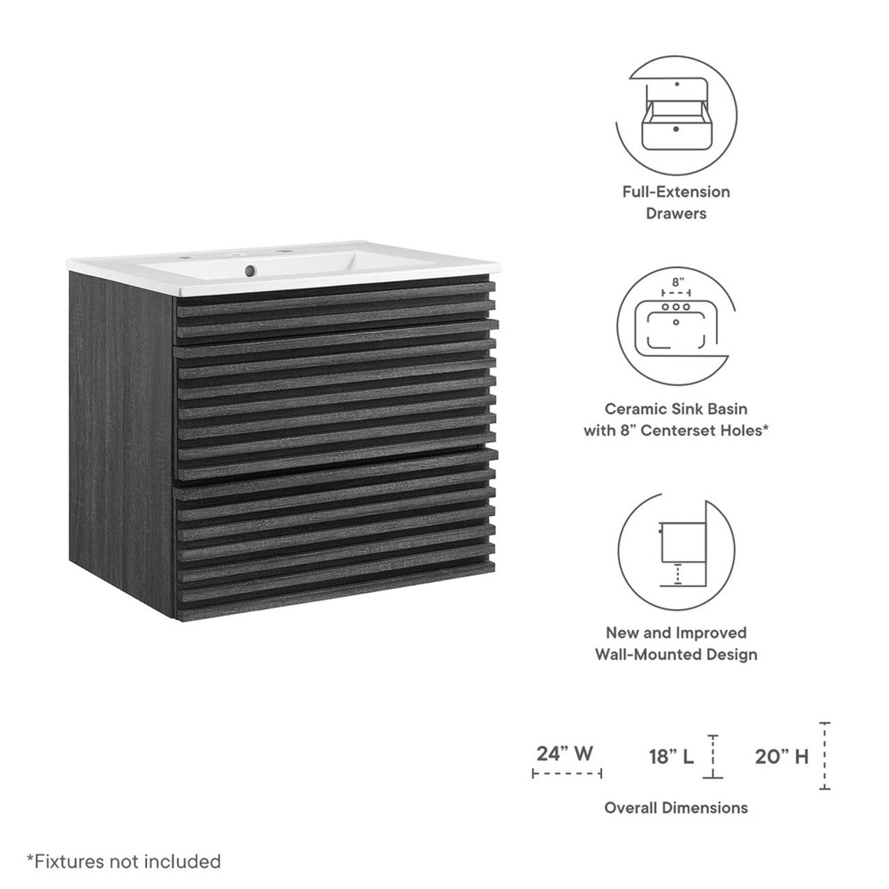 Modway EEI-4433-CHA-WHI Render 24" Wall-Mount Bathroom Vanity