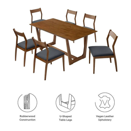 Modway EEI-7078-WAL-BLK Solara 7-Piece Wood Dining Set with Vegan Leather Side Chairs Walnut Black Modway