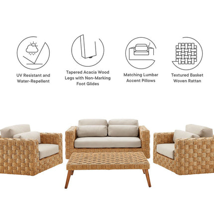 Modway EEI-7135-NAT-LGR Thames 4-Piece Outdoor Patio Wicker Outdoor Patio Rattan Furniture Set Natural Light Gray Modway