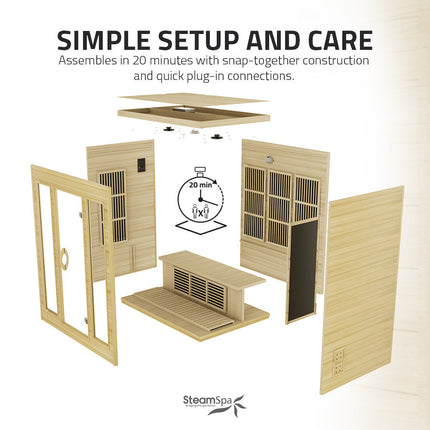 SteamSpa Curacao 3-Person Carbon FAR Infrared Hemlock Wooden Indoor Home Sauna Room with LED Touch Control Panel SteamSpa