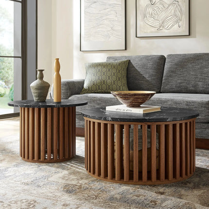 Modway Fortitude Round Faux Marble Top Nesting Coffee Table Set in Walnut Black EEI-7345-WAL-BLK Modway