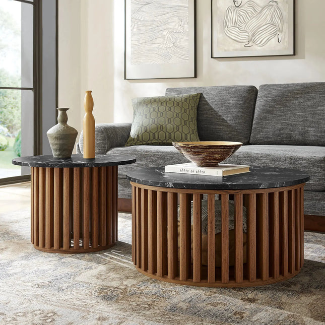 Modway Fortitude Round Faux Marble Top Nesting Coffee Table Set in Walnut Black EEI-7345-WAL-BLK Modway