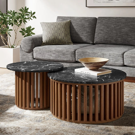 Modway Fortitude Round Faux Marble Top Nesting Coffee Table Set in Walnut Black EEI-7345-WAL-BLK Modway