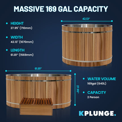 KPLUNGE 62 in. 2-Person 0-Jet Cedar Cold Plunge Ice Bath/Hot Tub with 24 in. Depth and 169 Gal. Capacity in Natural Finish Plaza Home Decor