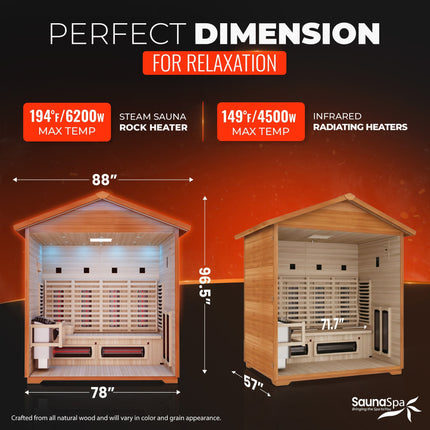 4-Person Infrared and Electric Heater Outdoor Red Cedar and Hemlock Wood Sauna with Wet/Dry Use, Touch Pad Controller SteamSpa