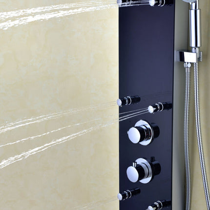 ANZZI Melody 59 in. 6-Jetted Shower Panel with Heavy Rain Shower and Spray Wand in Black Deco-Glass SP-AZ018 Anzzi