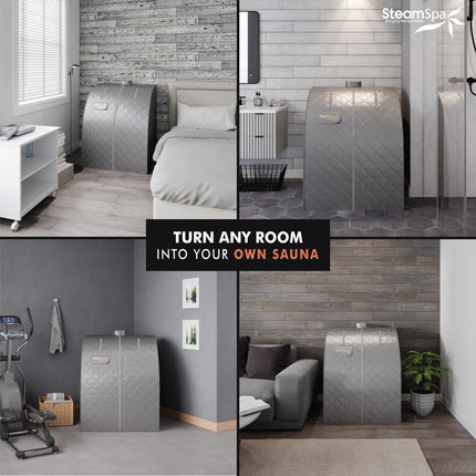 SteamSpa Portable 1-Person 2-Liter Steam Generator Indoor Home Sauna with Digital Controller, Folding Chair and Foot Massager in Silver Finish SteamSpa