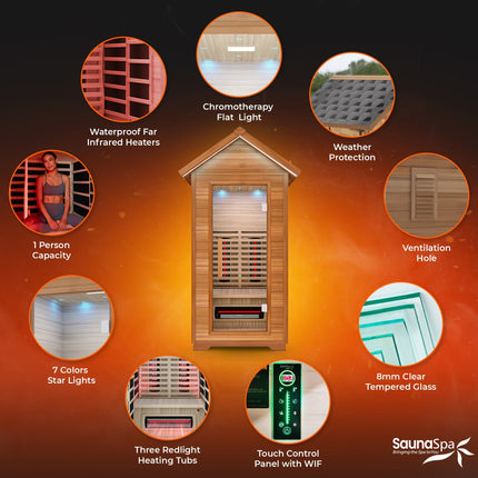 2-Person Outdoor Cabin Sauna in Red Cedar and Hemlock with Far Infrared, Starry Night Lights, and Touch Pad Controller SteamSpa