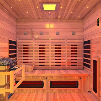 4-Person Infrared and Electric Heater Outdoor Red Cedar and Hemlock Wood Sauna with Wet/Dry Use, Touch Pad Controller SteamSpa