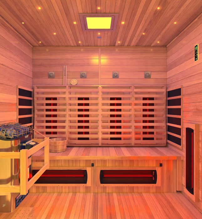 4-Person Infrared and Electric Heater Outdoor Red Cedar and Hemlock Wood Sauna with Wet/Dry Use, Touch Pad Controller SteamSpa