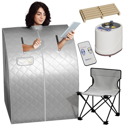 SteamSpa Portable 1-Person 2-Liter Steam Generator Indoor Home Sauna with Digital Controller, Folding Chair and Foot Massager in Silver Finish SteamSpa