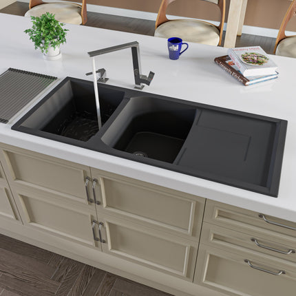 ALFI brand AB4620DI-BLA Black 46" Double Bowl Granite Composite Kitchen Sink with Drainboard Alfi Brand