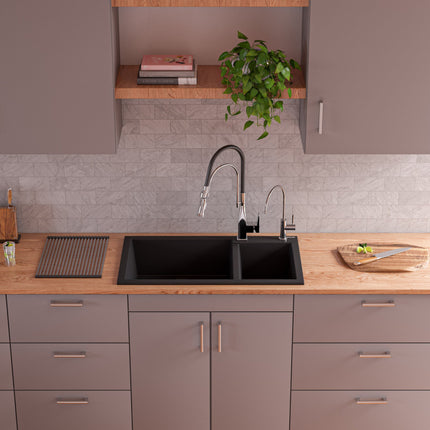 ALFI brand AB3319DI-BLA Black 34" Double Bowl Drop In Granite Composite Kitchen Sink Alfi Brand