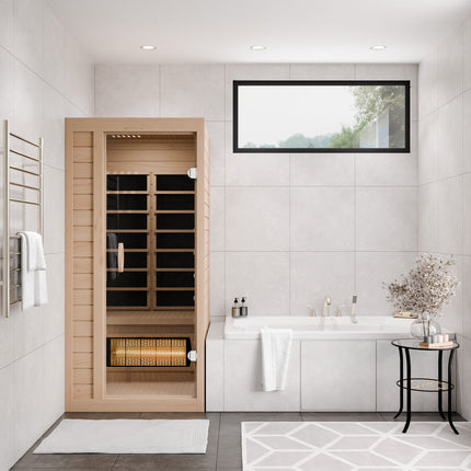 SteamSpa Lucia 1-Person Carbon FAR Infrared Hemlock Wooden Indoor Home Sauna Room with LED Touch Control Panel SteamSpa