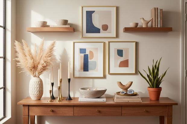 showcasing candles, vase and paintings and etc