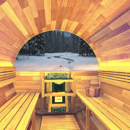 4-6 Person Outdoor Barrel Sauna in Cedar with ETL-Certified 6.2kW Rock Heater, Panoramic View, and Non-Curved Design SteamSpa