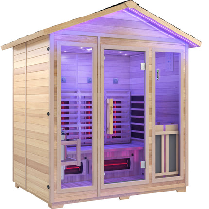 4-Person Infrared and Electric Heater Outdoor Red Cedar and Hemlock Wood Sauna with Wet/Dry Use, Touch Pad Controller SteamSpa
