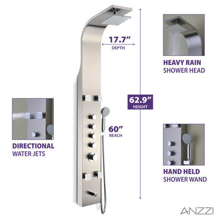 ANZZI Echo 63.5 in. 4-Jetted Shower Panel with Heavy Rain Shower and Spray Wand in Brushed Steel SP-AZ022 Anzzi