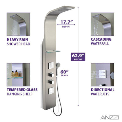ANZZI Niagara 64 in. 2-Jetted Shower Panel with Heavy Rain Shower and Spray Wand in Brushed Steel SP-AZ023 Anzzi