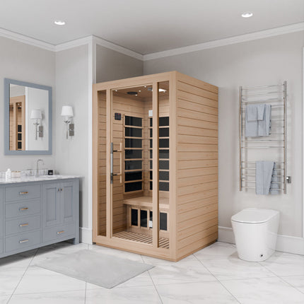 SteamSpa Maldives 2-Person Low EMF Carbon FAR Infrared Hemlock Wooden Indoor Home Sauna Room with LED Touch Control Panel SteamSpa