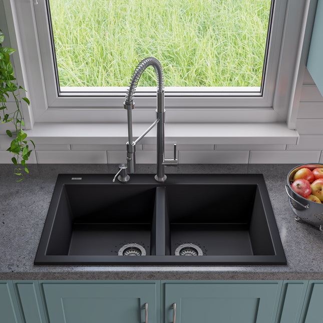ALFI brand AB3420DI-BLA Black 34" Drop-In Double Bowl Granite Composite Kitchen Sink Alfi Brand