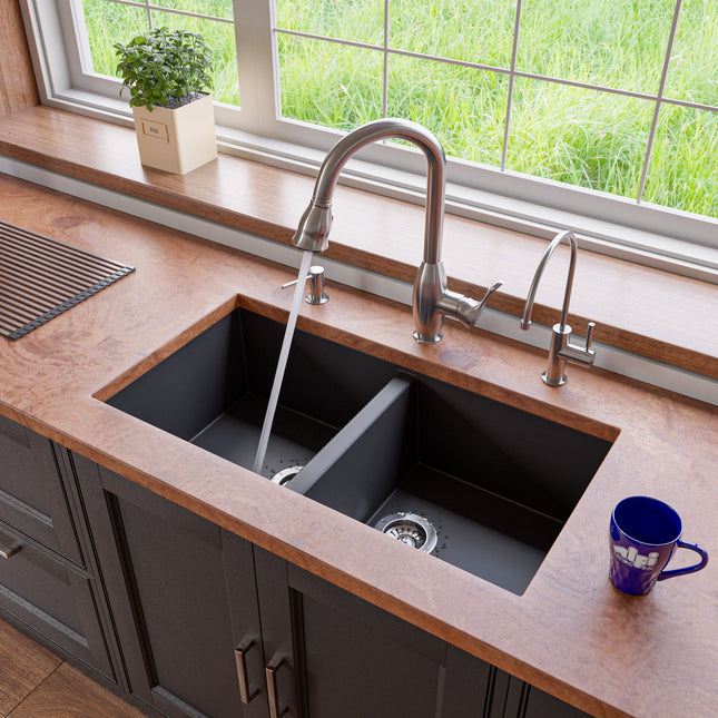 ALFI brand AB3420UM-BLA Black 34" Undermount Double Bowl Granite Composite Kitchen Sink Alfi Brand