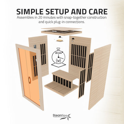 SteamSpa Viti 2-Person Carbon FAR Infrared Hemlock Wooden Indoor Home Sauna Room with LED Touch Control Panel SteamSpa