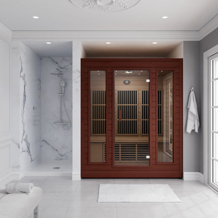 SteamSpa Curacao 3-Person Carbon FAR Infrared Hemlock Wooden Indoor Home Sauna Room with LED Touch Control Panel SteamSpa