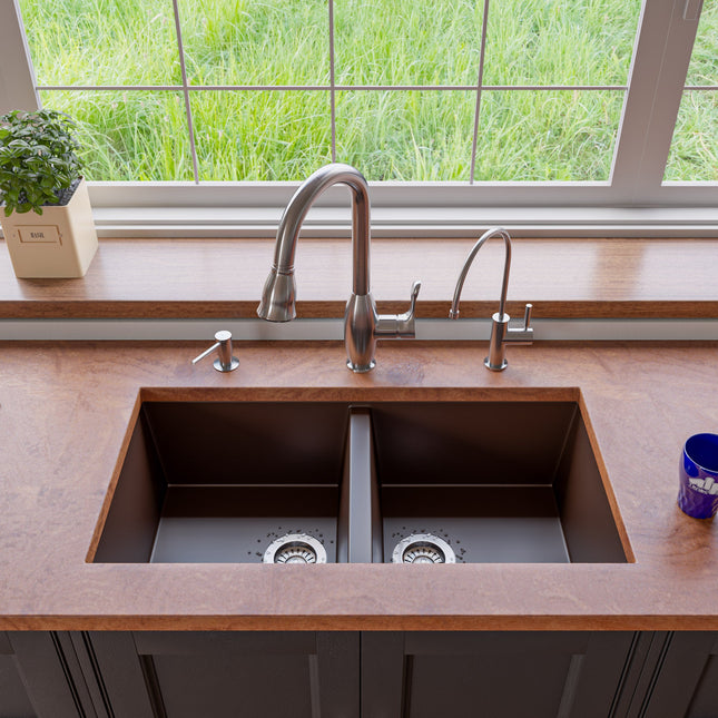 ALFI brand AB3420UM-C Chocolate 34" Undermount Double Bowl Granite Composite Kitchen Sink Alfi Brand