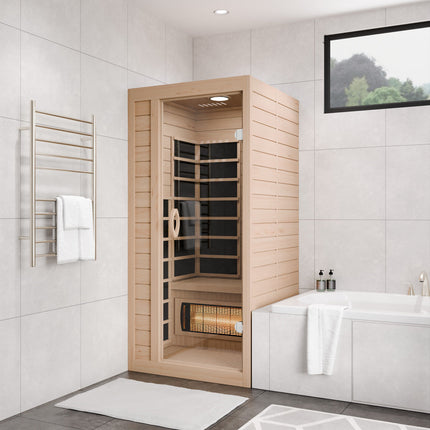 SteamSpa Lucia 1-Person Carbon FAR Infrared Hemlock Wooden Indoor Home Sauna Room with LED Touch Control Panel SteamSpa