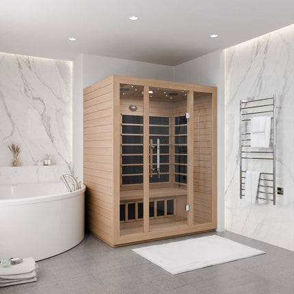 SteamSpa Maldives 3-Person Carbon FAR Infrared Hemlock Wooden Indoor Home Sauna Room with LED Touch Control Panel SteamSpa