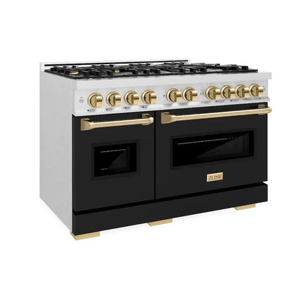 ZLINE Autograph Edition 48 in. 6.7 cu. ft. Classic Double Oven Dual Fuel Range with 8 Burner Gas Cooktop in Satin Stainless Steel with Black Matte Doors and Polished Gold Accents (CDRSZ-BLM-48-G) Zline Appliances