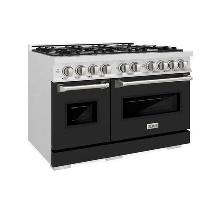 ZLINE 48 in. 6.7 cu. ft. Classic Double Oven Dual Fuel Range with 8 Burner Gas Cooktop in Satin Stainless Steel with Black Matte Doors (CDRS-BLM-48) Zline Appliances