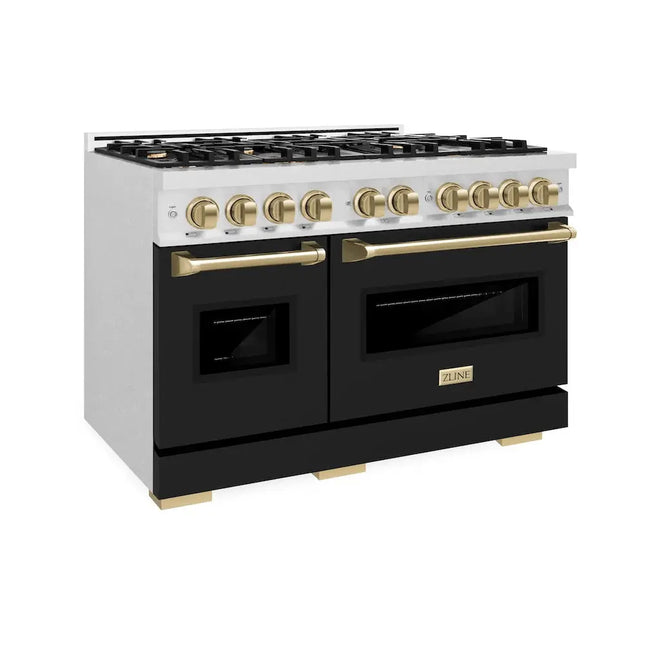 ZLINE Autograph Edition 48 in. 6.7 cu. ft. Classic Double Oven Dual Fuel Range with 8 Burner Gas Cooktop in Satin Stainless Steel with Black Matte Doors and Champagne Bronze Accents (CDRSZ-BLM-48-CB) Zline Appliances
