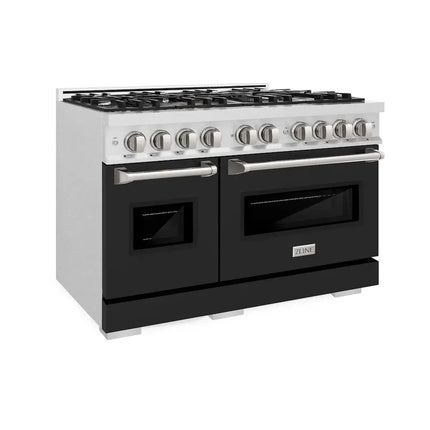ZLINE 48 in. 6.7 cu. ft. Classic Double Oven Gas Range with 8 Burner Cooktop in Satin Stainless Steel with Black Matte Doors (CGRS-BLM-48) Zline Appliances