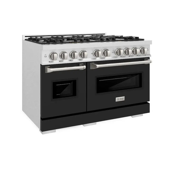 ZLINE 48 in. 6.7 cu. ft. Classic Double Oven Gas Range with 8 Burner Cooktop in Satin Stainless Steel with Black Matte Doors (CGRS-BLM-48) Zline Appliances