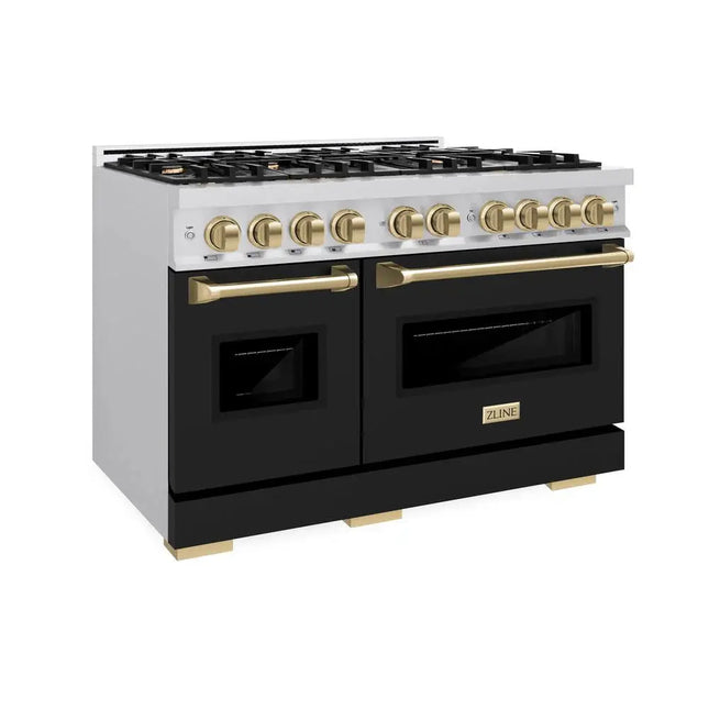 ZLINE Autograph Edition 48 in. 6.7 cu. ft. Classic Double Oven Dual Fuel Range with 8 Burner Gas Cooktop in Stainless Steel with Black Matte Doors and Champagne Bronze Accents (CDRZ-BLM-48-CB) Zline Appliances