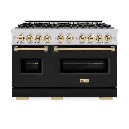 ZLINE Autograph Edition 48 in. 6.7 cu. ft. Classic Double Oven Gas Range with 8 Burner Cooktop in Stainless Steel with Black Matte Doors and Polished Gold Accents (CGRZ-BLM-48-G) Zline Appliances