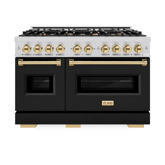 ZLINE Autograph Edition 48 in. 6.7 cu. ft. Classic Double Oven Gas Range with 8 Burner Cooktop in Stainless Steel with Black Matte Doors and Polished Gold Accents (CGRZ-BLM-48-G) Zline Appliances