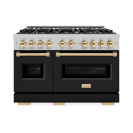 ZLINE Autograph Edition 48 in. 6.7 cu. ft. Classic Double Oven Dual Fuel Range with 8 Burner Gas Cooktop in Satin Stainless Steel with Black Matte Doors and Polished Gold Accents (CDRSZ-BLM-48-G) Zline Appliances