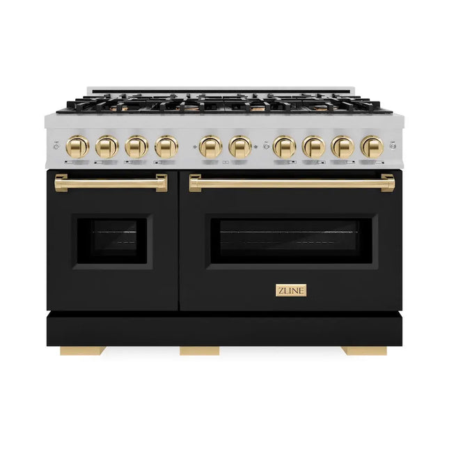 ZLINE Autograph Edition 48 in. 6.7 cu. ft. Classic Double Oven Dual Fuel Range with 8 Burner Gas Cooktop in Satin Stainless Steel with Black Matte Doors and Polished Gold Accents (CDRSZ-BLM-48-G) Zline Appliances