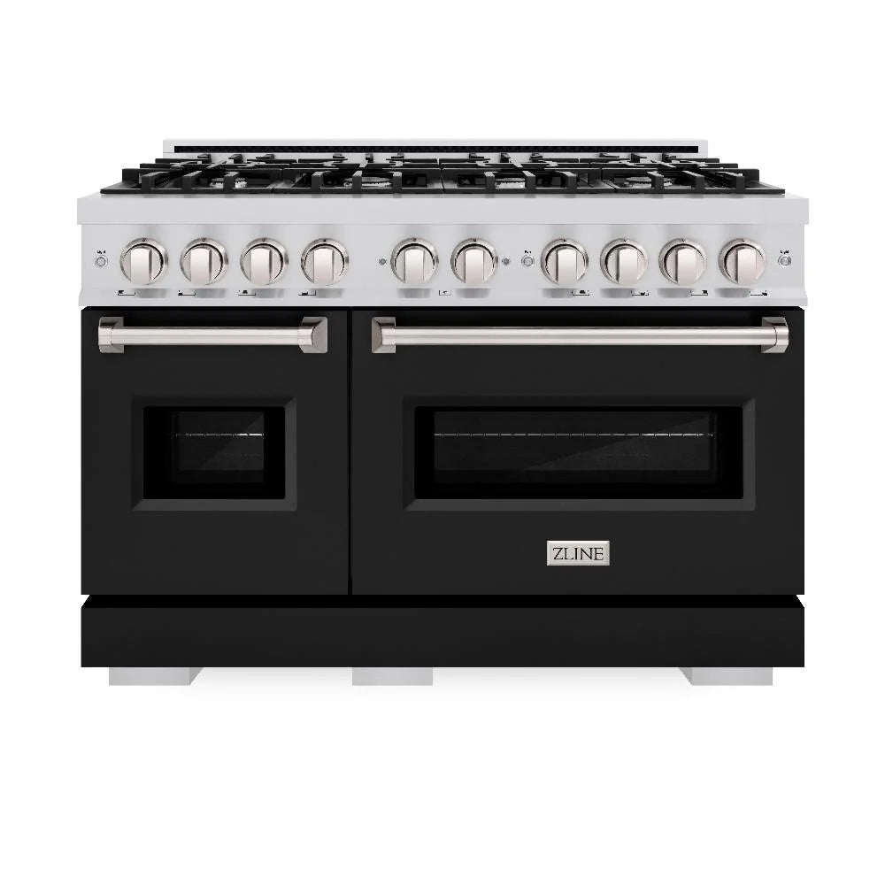 ZLINE 48 in. 6.7 cu. ft. Classic Double Oven Gas Range with 8 Burner Cooktop in Stainless Steel with Black Matte Doors (CGR-BLM-48)