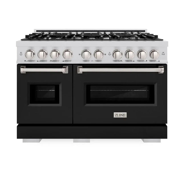ZLINE 48 in. 6.7 cu. ft. Classic Double Oven Gas Range with 8 Burner Cooktop in Stainless Steel with Black Matte Doors (CGR-BLM-48) Zline Appliances