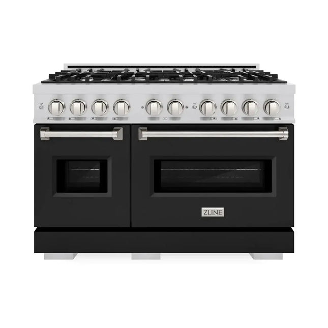 ZLINE 48 in. 6.7 cu. ft. Classic Double Oven Dual Fuel Range with 8 Burner Gas Cooktop in Stainless Steel with Black Matte Doors (CDR-BLM-48) Zline Appliances