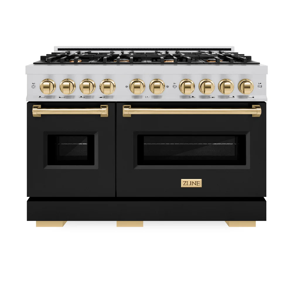 ZLINE Autograph Edition 48 in. 6.7 cu. ft. Classic Double Oven Dual Fuel Range with 8 Burner Gas Cooktop in Stainless Steel with Black Matte Doors and Polished Gold Accents (CDRZ-BLM-48-G)