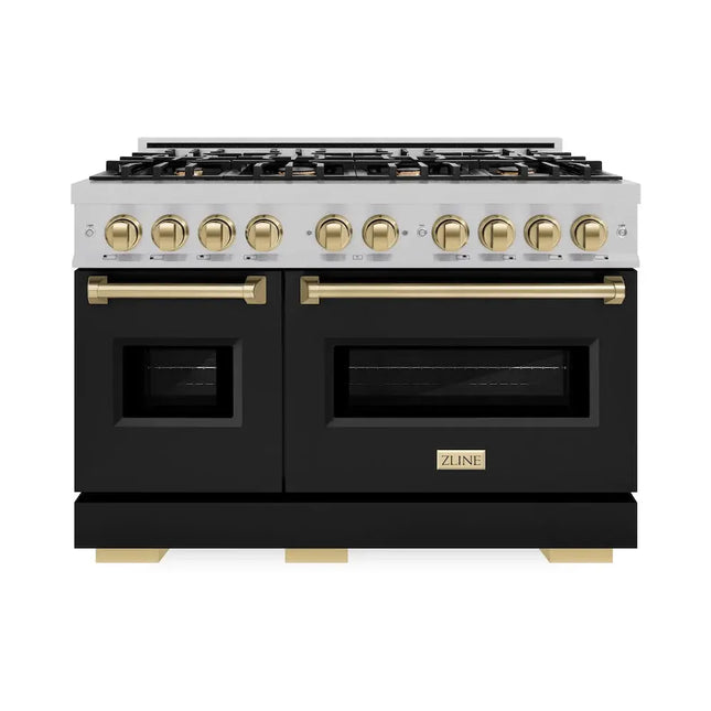 ZLINE Autograph Edition 48 in. 6.7 cu. ft. Classic Double Oven Gas Range with 8 Burner Cooktop in Satin Stainless Steel with Black Matte Doors and Champagne Bronze Accents (CGRSZ-BLM-48-CB) Zline Appliances