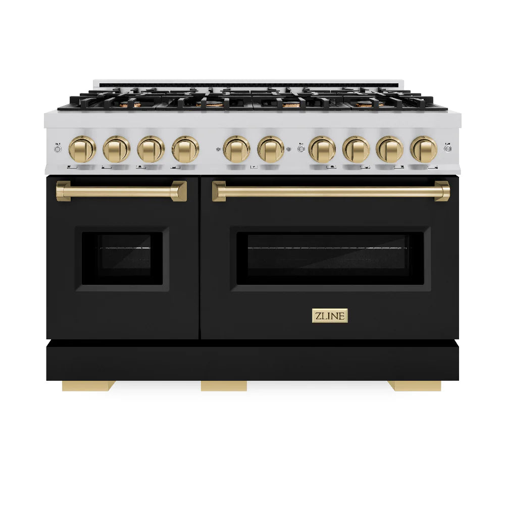 ZLINE Autograph Edition 48 in. 6.7 cu. ft. Classic Double Oven Dual Fuel Range with 8 Burner Gas Cooktop in Stainless Steel with Black Matte Doors and Champagne Bronze Accents (CDRZ-BLM-48-CB)